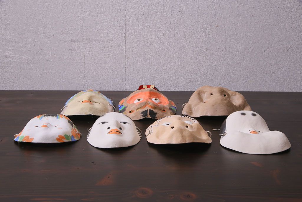 昭和期　藤原孚石作　嵯峨面　厄除 福寿　7個セット・紙箱付き(お多福、稚児面、ひょっとこ 等)(R-036946)