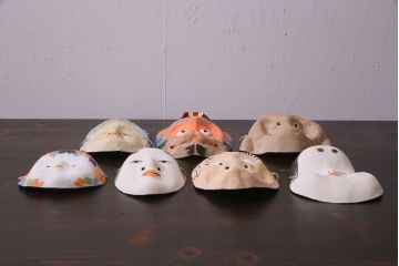 昭和期　藤原孚石作　嵯峨面　厄除 福寿　7個セット・紙箱付き(お多福、稚児面、ひょっとこ 等)(R-036946)