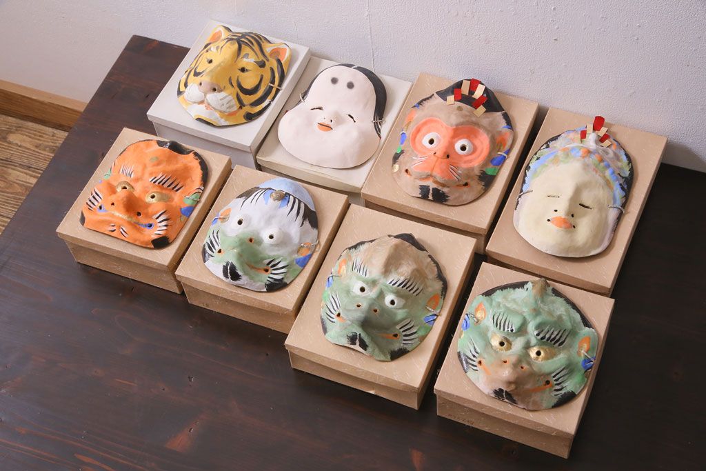 昭和期　藤原孚石作　嵯峨面　厄除 福寿　8個セット・紙箱付き(お多福、干支、カッパ面 等)(R-036947)