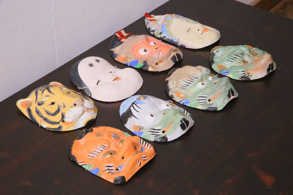 昭和期　藤原孚石作　嵯峨面　厄除 福寿　8個セット・紙箱付き(お多福、干支、カッパ面 等)(R-036947)