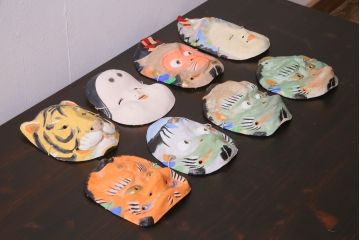 昭和期　藤原孚石作　嵯峨面　厄除 福寿　8個セット・紙箱付き(お多福、干支、カッパ面 等)(R-036947)