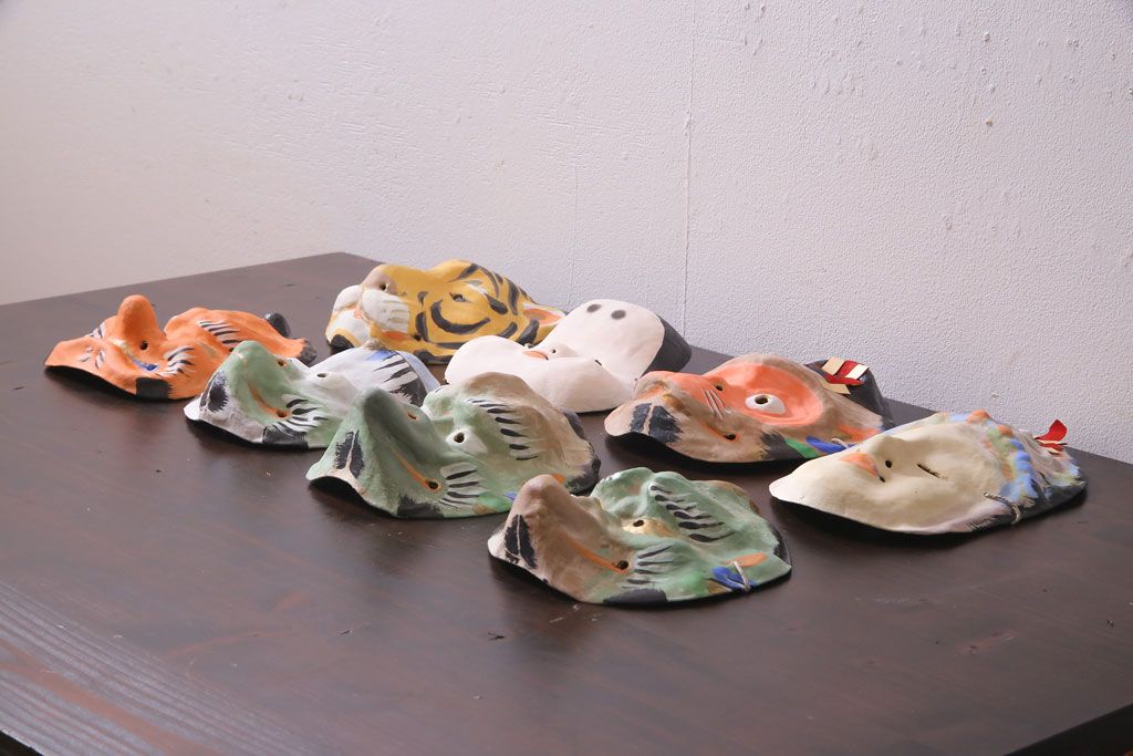 昭和期　藤原孚石作　嵯峨面　厄除 福寿　8個セット・紙箱付き(お多福、干支、カッパ面 等)(R-036947)