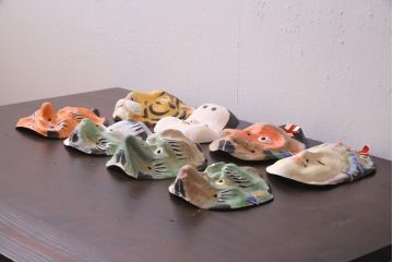 昭和期　藤原孚石作　嵯峨面　厄除 福寿　8個セット・紙箱付き(お多福、干支、カッパ面 等)(R-036947)