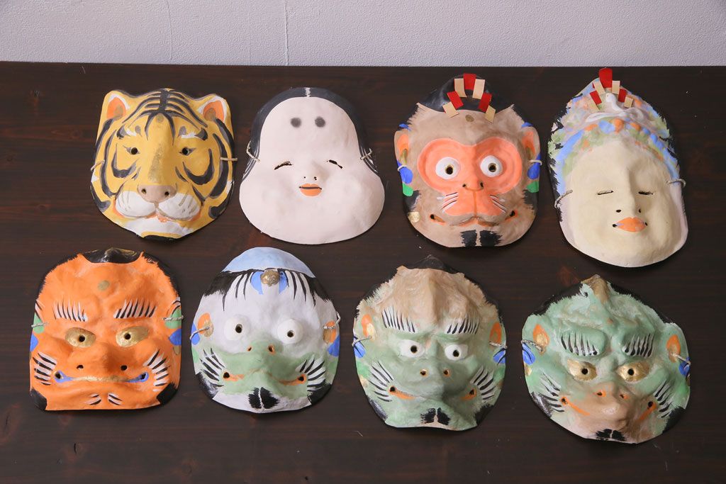 昭和期　藤原孚石作　嵯峨面　厄除 福寿　8個セット・紙箱付き(お多福、干支、カッパ面 等)(R-036947)