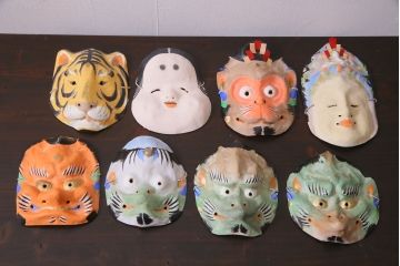 昭和期　藤原孚石作　嵯峨面　厄除 福寿　8個セット・紙箱付き(お多福、干支、カッパ面 等)(R-036947)