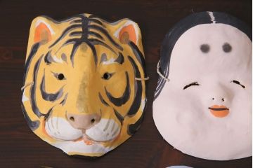 昭和期　藤原孚石作　嵯峨面　厄除 福寿　8個セット・紙箱付き(お多福、干支、カッパ面 等)(R-036947)