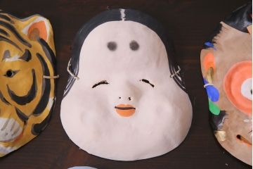 昭和期　藤原孚石作　嵯峨面　厄除 福寿　8個セット・紙箱付き(お多福、干支、カッパ面 等)(R-036947)