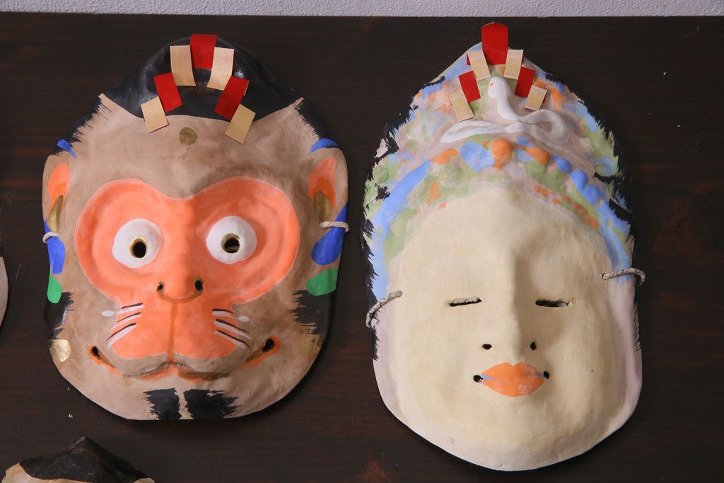 昭和期　藤原孚石作　嵯峨面　厄除 福寿　8個セット・紙箱付き(お多福、干支、カッパ面 等)(R-036947)