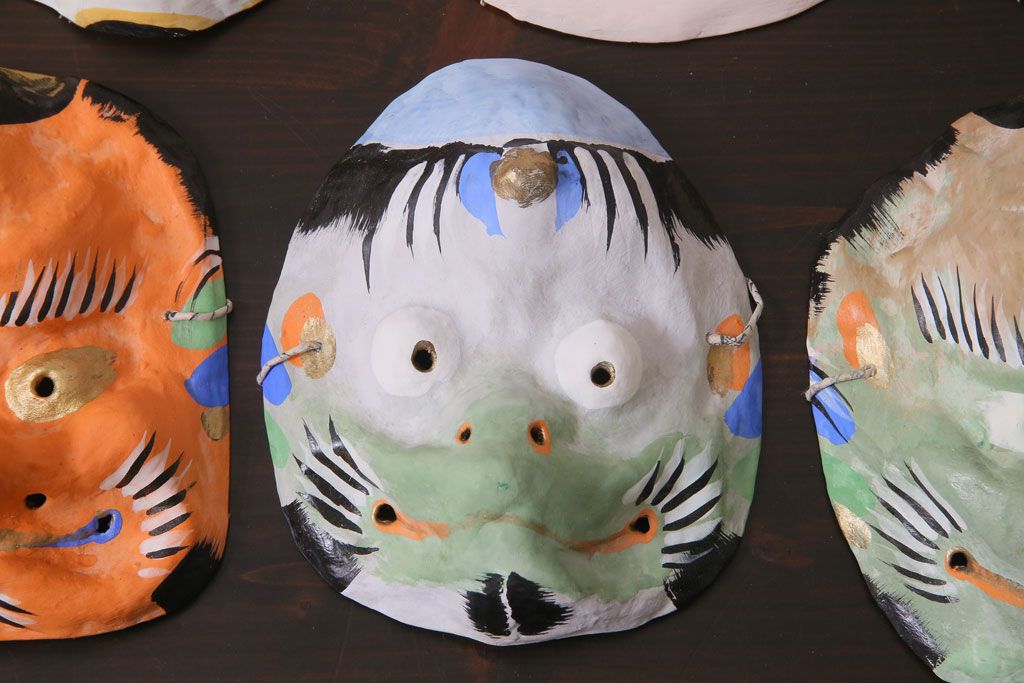 昭和期　藤原孚石作　嵯峨面　厄除 福寿　8個セット・紙箱付き(お多福、干支、カッパ面 等)(R-036947)