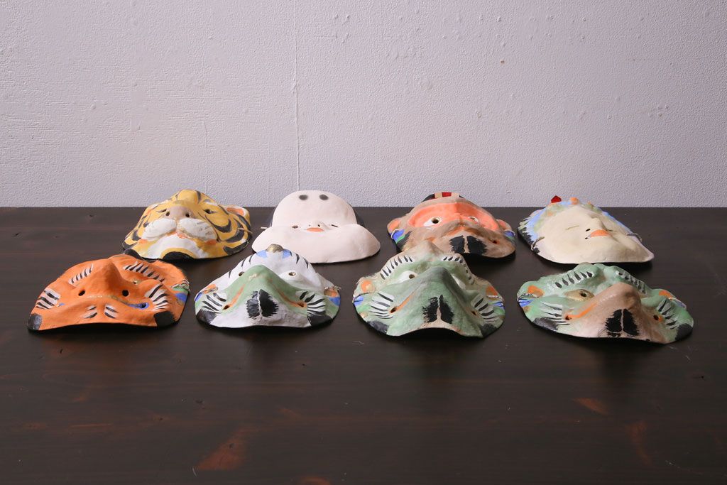 昭和期　藤原孚石作　嵯峨面　厄除 福寿　8個セット・紙箱付き(お多福、干支、カッパ面 等)(R-036947)