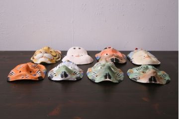 昭和期　藤原孚石作　嵯峨面　厄除 福寿　8個セット・紙箱付き(お多福、干支、カッパ面 等)(R-036947)