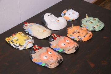 昭和期　藤原孚石作　嵯峨面　厄除 福寿　8個セット・紙箱付き(お多福、干支、鬼面 等)(R-036948)