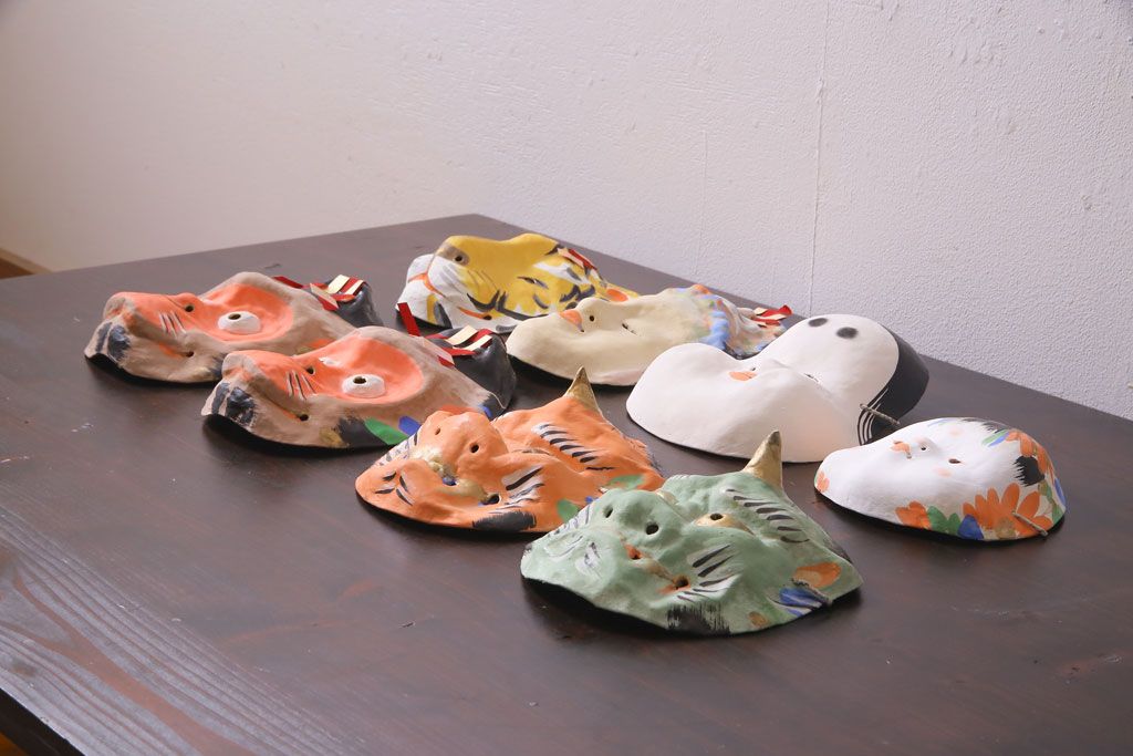 昭和期　藤原孚石作　嵯峨面　厄除 福寿　8個セット・紙箱付き(お多福、干支、鬼面 等)(R-036948)