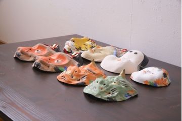 昭和期　藤原孚石作　嵯峨面　厄除 福寿　8個セット・紙箱付き(お多福、干支、鬼面 等)(R-036948)