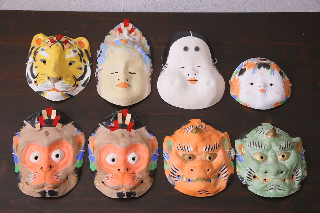 昭和期　藤原孚石作　嵯峨面　厄除 福寿　8個セット・紙箱付き(お多福、干支、鬼面 等)(R-036948)