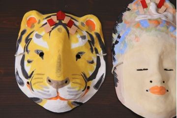 昭和期　藤原孚石作　嵯峨面　厄除 福寿　8個セット・紙箱付き(お多福、干支、鬼面 等)(R-036948)