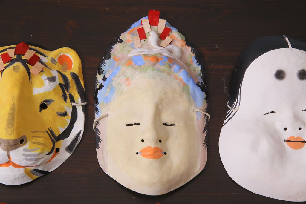 昭和期　藤原孚石作　嵯峨面　厄除 福寿　8個セット・紙箱付き(お多福、干支、鬼面 等)(R-036948)