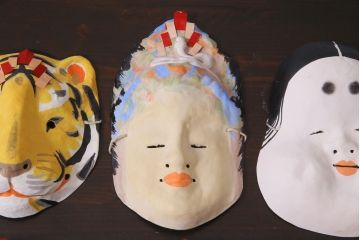 昭和期　藤原孚石作　嵯峨面　厄除 福寿　8個セット・紙箱付き(お多福、干支、鬼面 等)(R-036948)