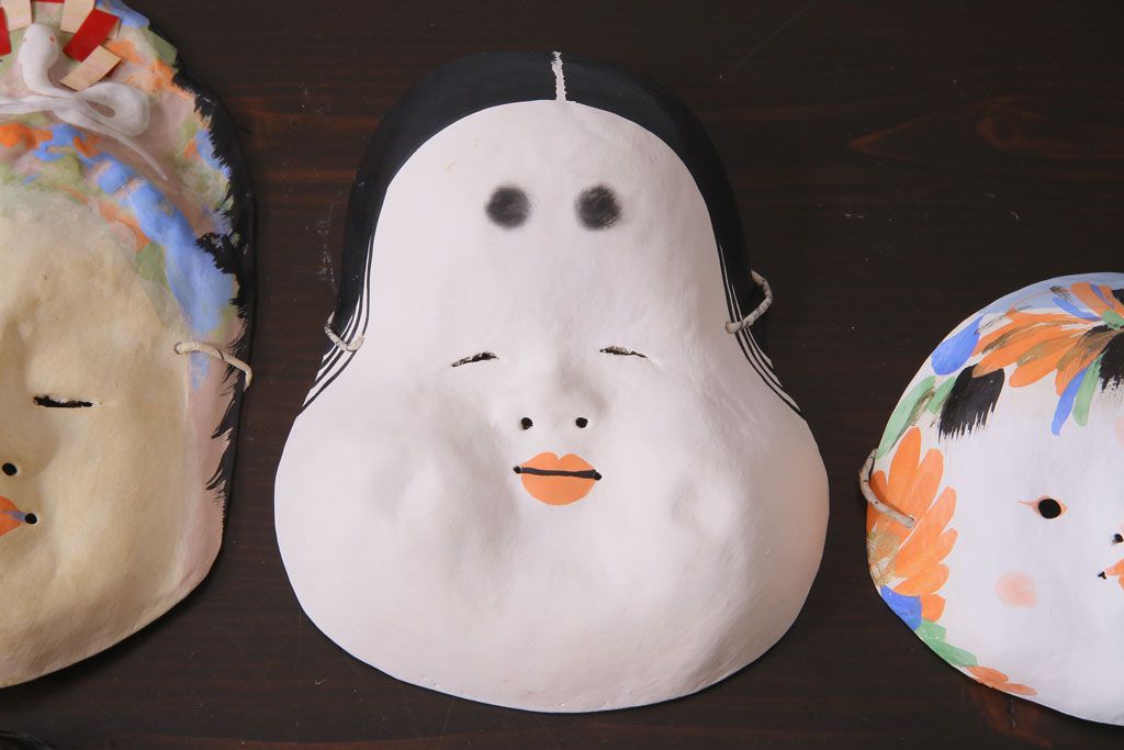 昭和期　藤原孚石作　嵯峨面　厄除 福寿　8個セット・紙箱付き(お多福、干支、鬼面 等)(R-036948)