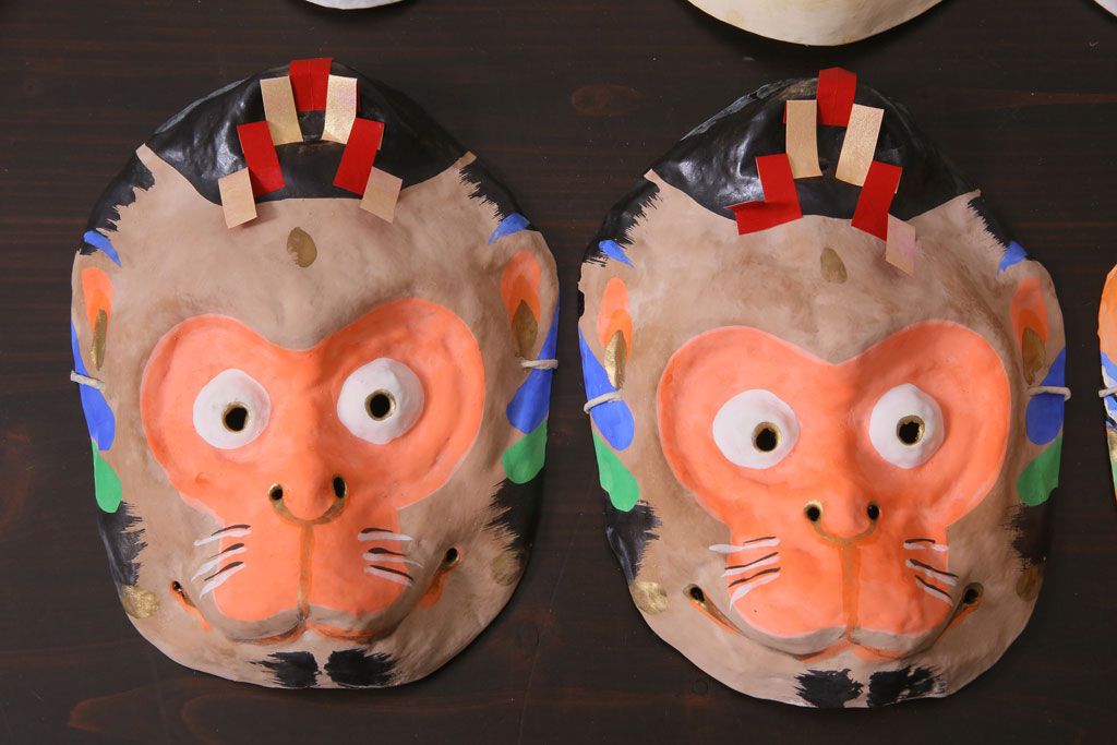 昭和期　藤原孚石作　嵯峨面　厄除 福寿　8個セット・紙箱付き(お多福、干支、鬼面 等)(R-036948)