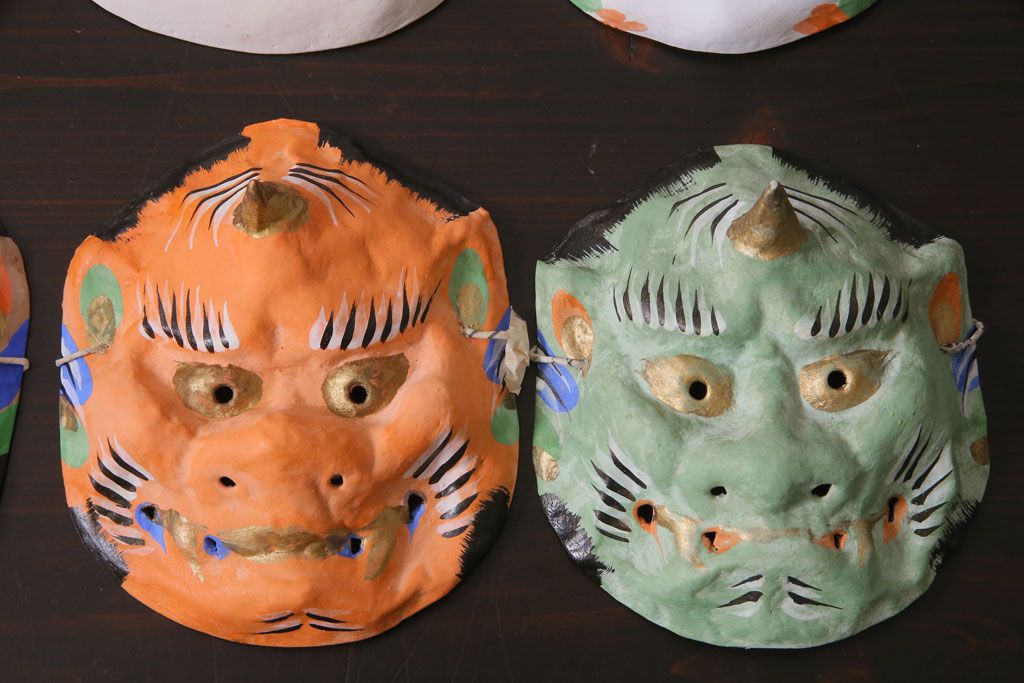 昭和期　藤原孚石作　嵯峨面　厄除 福寿　8個セット・紙箱付き(お多福、干支、鬼面 等)(R-036948)