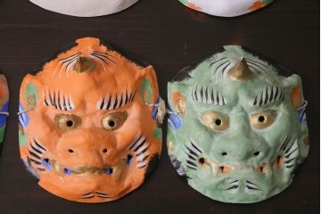 昭和期　藤原孚石作　嵯峨面　厄除 福寿　8個セット・紙箱付き(お多福、干支、鬼面 等)(R-036948)