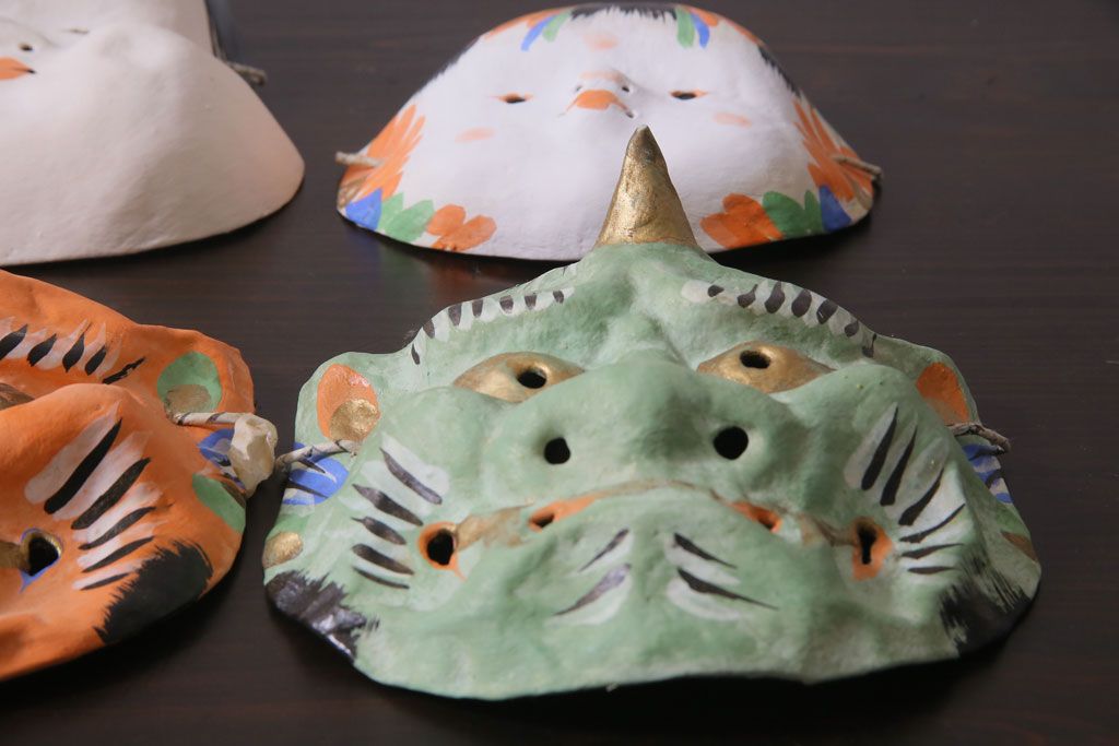 昭和期　藤原孚石作　嵯峨面　厄除 福寿　8個セット・紙箱付き(お多福、干支、鬼面 等)(R-036948)