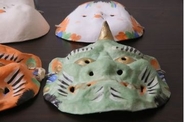 昭和期　藤原孚石作　嵯峨面　厄除 福寿　8個セット・紙箱付き(お多福、干支、鬼面 等)(R-036948)