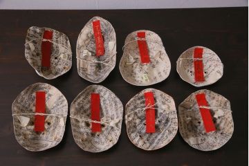 昭和期　藤原孚石作　嵯峨面　厄除 福寿　8個セット・紙箱付き(お多福、干支、鬼面 等)(R-036948)