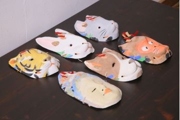 昭和期　藤原孚石作　嵯峨面　厄除　6個セット・紙箱付き(干支)(R-036949)