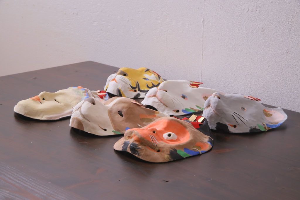 昭和期　藤原孚石作　嵯峨面　厄除　6個セット・紙箱付き(干支)(R-036949)