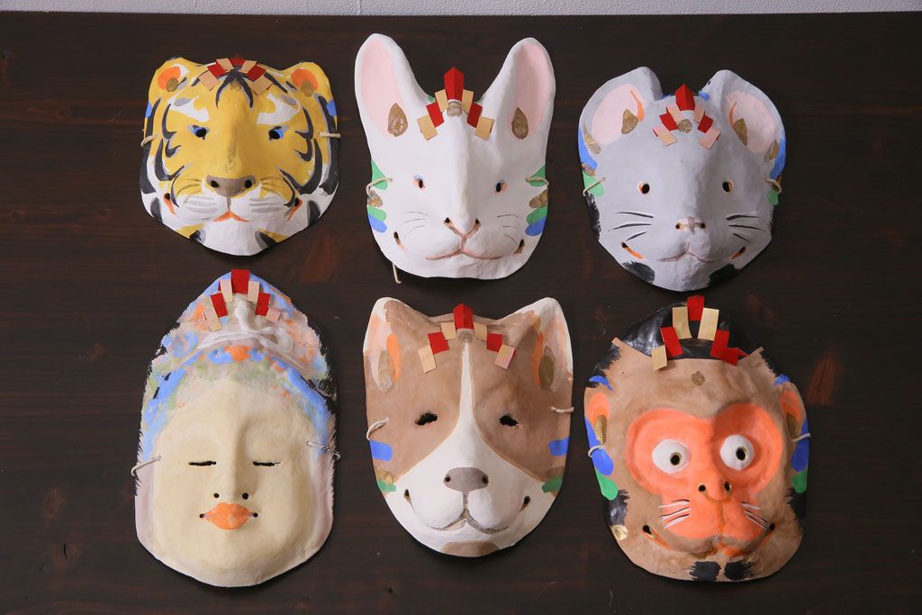 昭和期　藤原孚石作　嵯峨面　厄除　6個セット・紙箱付き(干支)(R-036949)