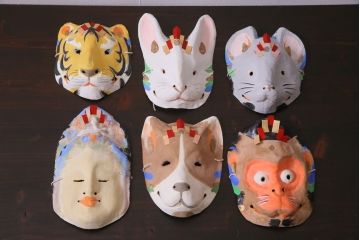 昭和期　藤原孚石作　嵯峨面　厄除　6個セット・紙箱付き(干支)(R-036949)