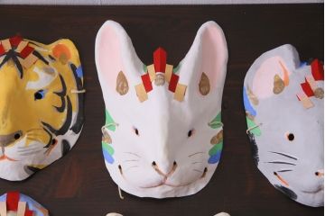 昭和期　藤原孚石作　嵯峨面　厄除　6個セット・紙箱付き(干支)(R-036949)