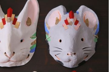 昭和期　藤原孚石作　嵯峨面　厄除　6個セット・紙箱付き(干支)(R-036949)