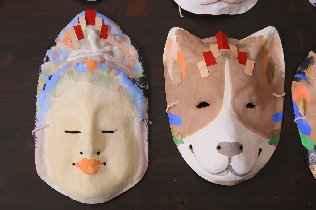 昭和期　藤原孚石作　嵯峨面　厄除　6個セット・紙箱付き(干支)(R-036949)