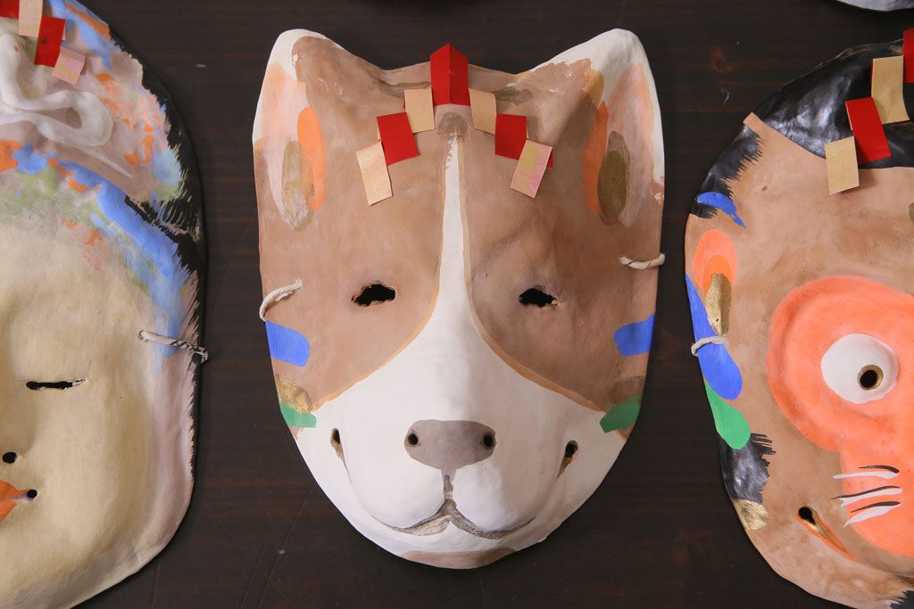 昭和期　藤原孚石作　嵯峨面　厄除　6個セット・紙箱付き(干支)(R-036949)