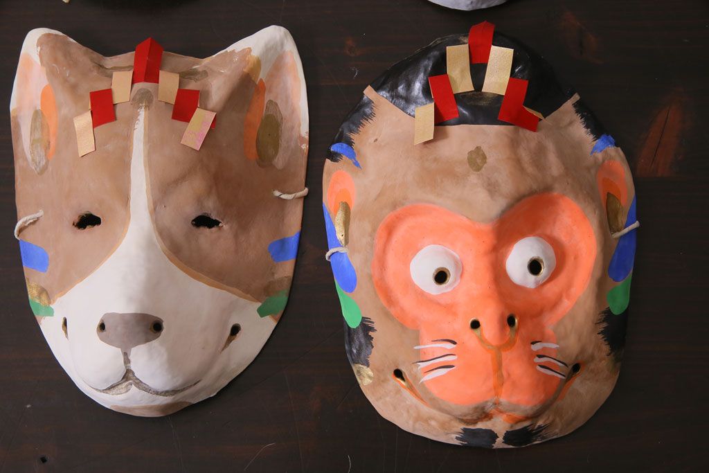 昭和期　藤原孚石作　嵯峨面　厄除　6個セット・紙箱付き(干支)(R-036949)