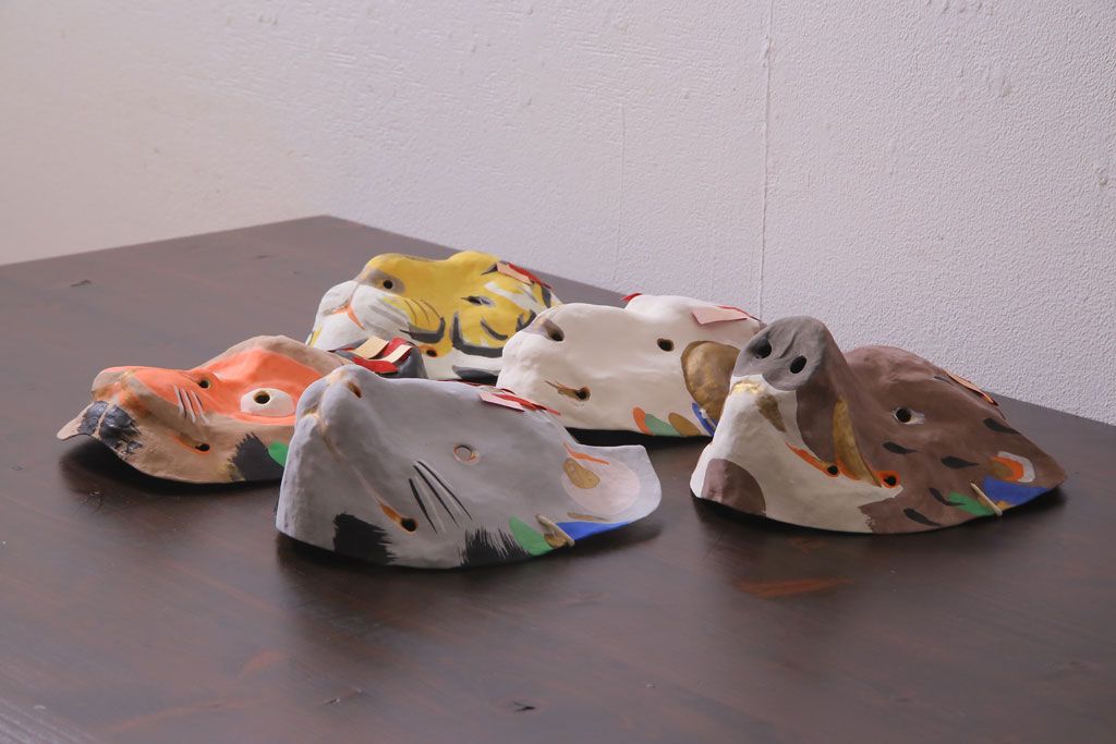 昭和期　藤原孚石作　嵯峨面　厄除　5個セット・紙箱付き(干支)(R-036950)