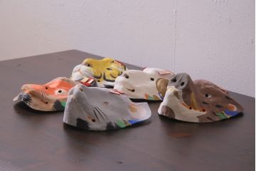 昭和期　藤原孚石作　嵯峨面　厄除　5個セット・紙箱付き(干支)(R-036950)