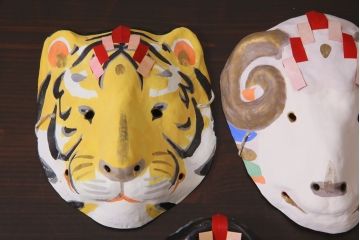 昭和期　藤原孚石作　嵯峨面　厄除　5個セット・紙箱付き(干支)(R-036950)