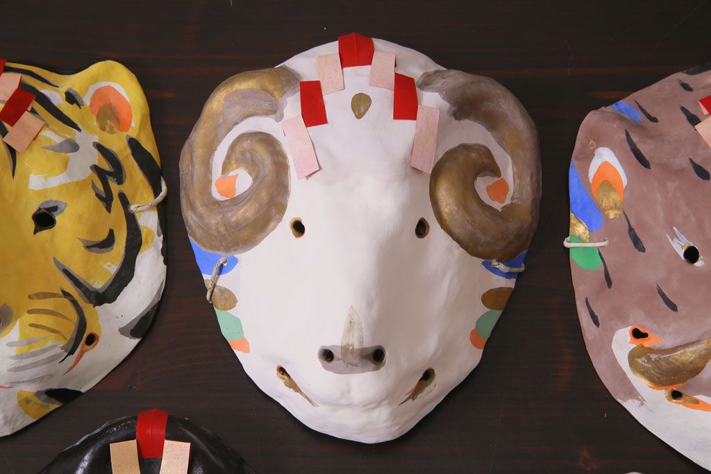 昭和期　藤原孚石作　嵯峨面　厄除　5個セット・紙箱付き(干支)(R-036950)