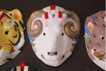 昭和期　藤原孚石作　嵯峨面　厄除　5個セット・紙箱付き(干支)(R-036950)