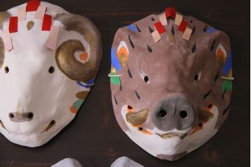 昭和期　藤原孚石作　嵯峨面　厄除　5個セット・紙箱付き(干支)(R-036950)