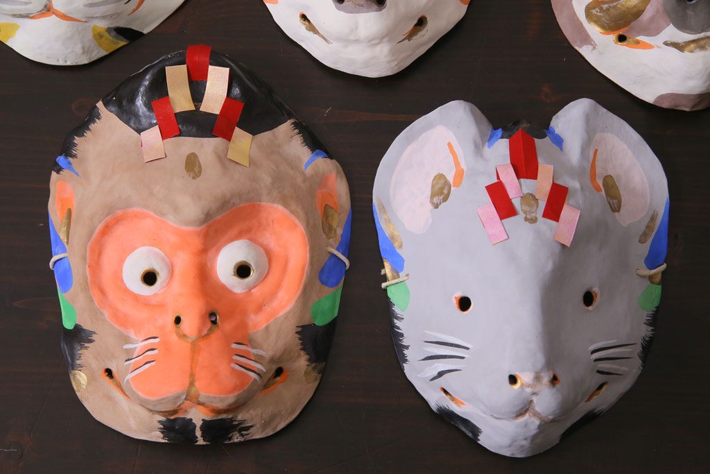 昭和期　藤原孚石作　嵯峨面　厄除　5個セット・紙箱付き(干支)(R-036950)