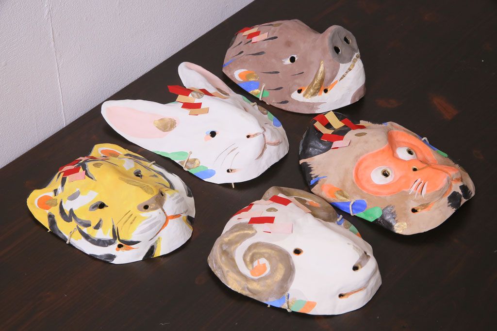 昭和期　藤原孚石作　嵯峨面　厄除　5個セット・紙箱付き(干支)(R-036951)