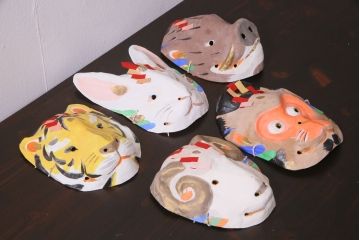 昭和期　藤原孚石作　嵯峨面　厄除　5個セット・紙箱付き(干支)(R-036951)