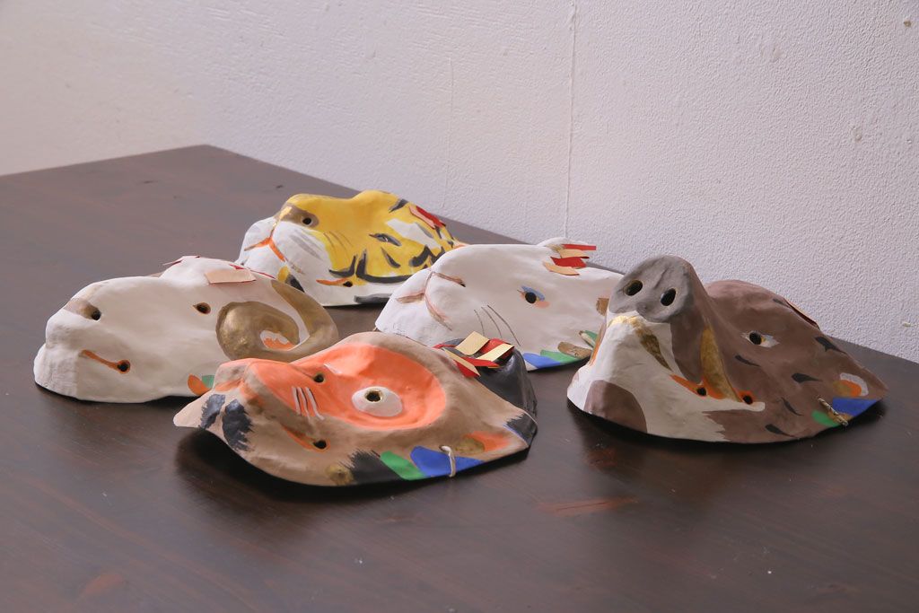 昭和期　藤原孚石作　嵯峨面　厄除　5個セット・紙箱付き(干支)(R-036951)