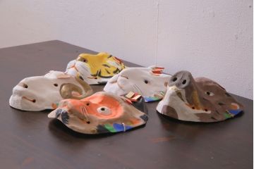 昭和期　藤原孚石作　嵯峨面　厄除　5個セット・紙箱付き(干支)(R-036951)