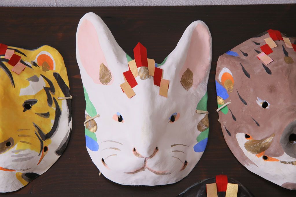 昭和期　藤原孚石作　嵯峨面　厄除　5個セット・紙箱付き(干支)(R-036951)